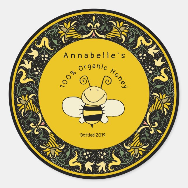 Pegatina Redonda Boarder victoriano Cute Honey Bee (Anverso)