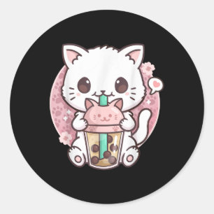 Pegatina Redonda Boba Cat Boba Tea Bubble Kawaii Anime Cat Kawa