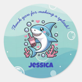 Pegatina Redonda Boba Shark Cute Kawaii Rosa Gracias