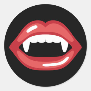 Pegatina Redonda Boca de vampiro con labios rojos y colmillos