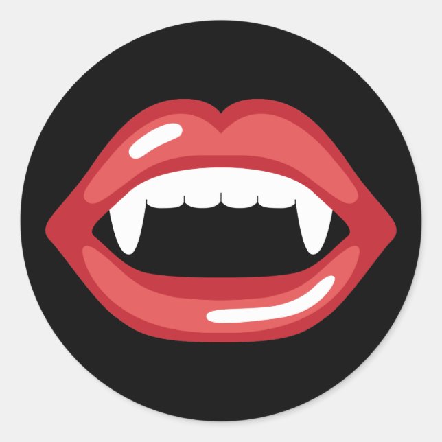 Pegatina Redonda Boca de vampiro con labios rojos y colmillos (Anverso)