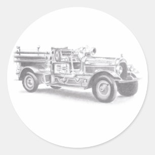 Pegatina Redonda boceto de lápiz de camión de bomberos antiguo dibu