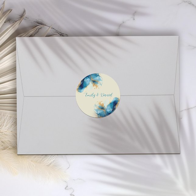 Pegatina Redonda Boda abstracta en azul y dorado con acuarela (Subido por el creador)