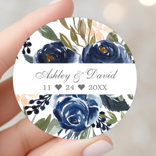 Pegatina Redonda Boda acuarela con estampado floral azul marino