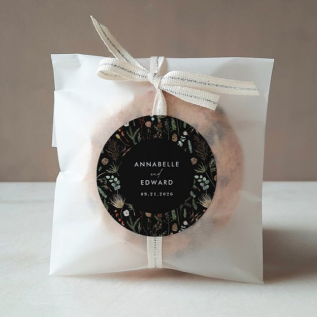 Pegatina Redonda Boda acuarela floral botánica morena negra (Subido por el creador)