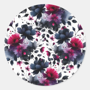 Pegatina Redonda Boda acuarela floral rosa magenta y azul