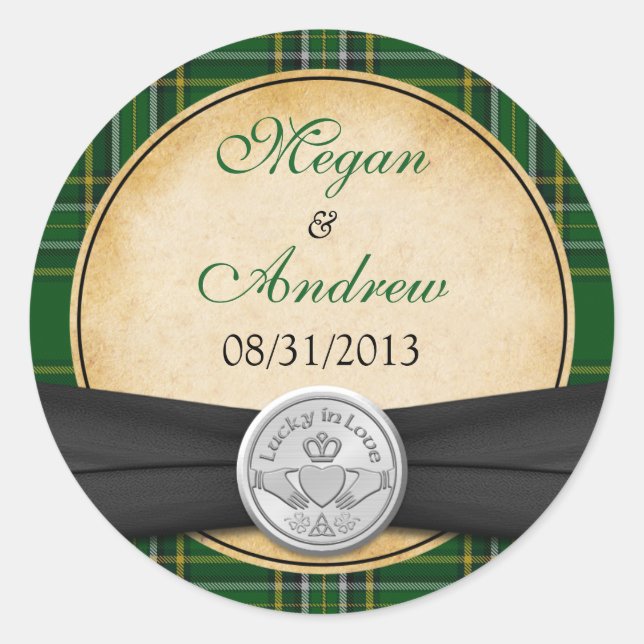 Pegatina Redonda Boda afortunado irlandés Tartán Celtic Claddagh (Anverso)