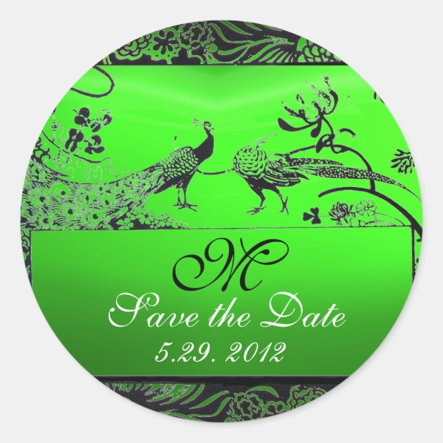 Pegatina Redonda BODA AMAR AVES MONOGRAM verde negro y blanco (Anverso)