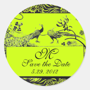 Pegatina Redonda BODA AMAR AVES MONOGRAM verde negro y blanco