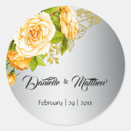 Pegatina Redonda Boda amarillo rosa buquet plateado