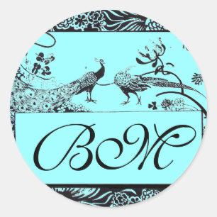 Pegatina Redonda BODA AMOR AVES MONOGRAM, azul negro y blanco
