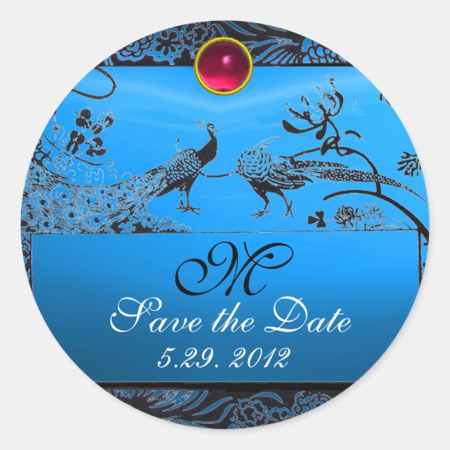 Pegatina Redonda BODA AMOR AVES MONOGRAM azul rojo negro (Anverso)