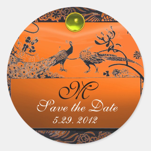 Pegatina Redonda BODA AMOR AVES MONOGRAM naranja rojo blanco negro (Anverso)