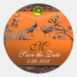 Pegatina Redonda BODA AMOR AVES MONOGRAM naranja rojo blanco negro