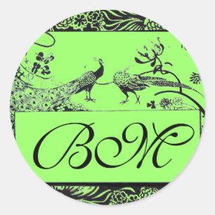 Pegatina Redonda BODA AMOR AVES MONOGRAM, verde negro y blanco