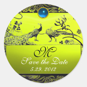 Pegatina Redonda BODA AMOR AVES MONOGRAMA amarillo negro