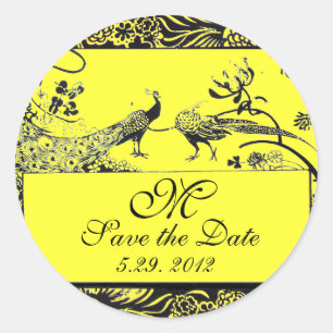 Pegatina Redonda BODA AMOR AVES MONOGRAMA amarillo y negro