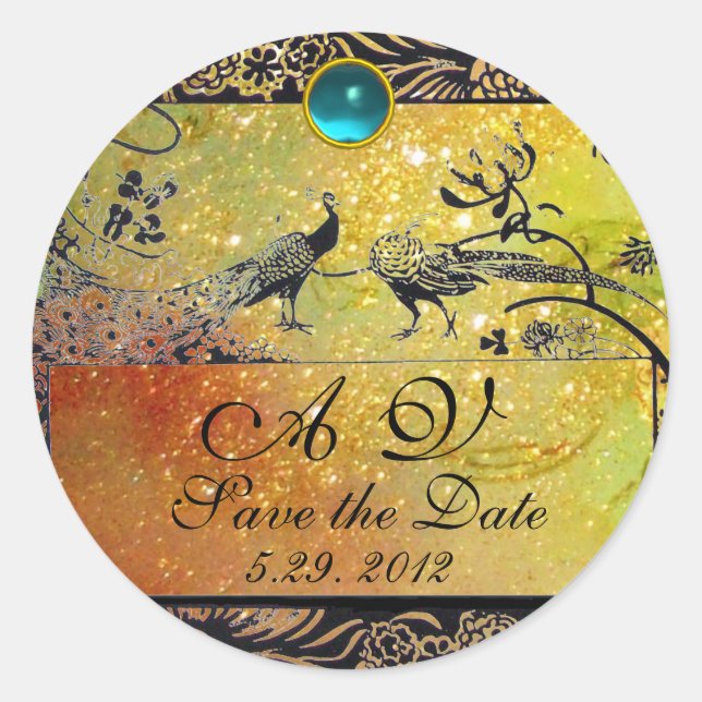 Pegatina Redonda BODA AMOR AVES MONOGRAMA blanco negro amarillo (Anverso)