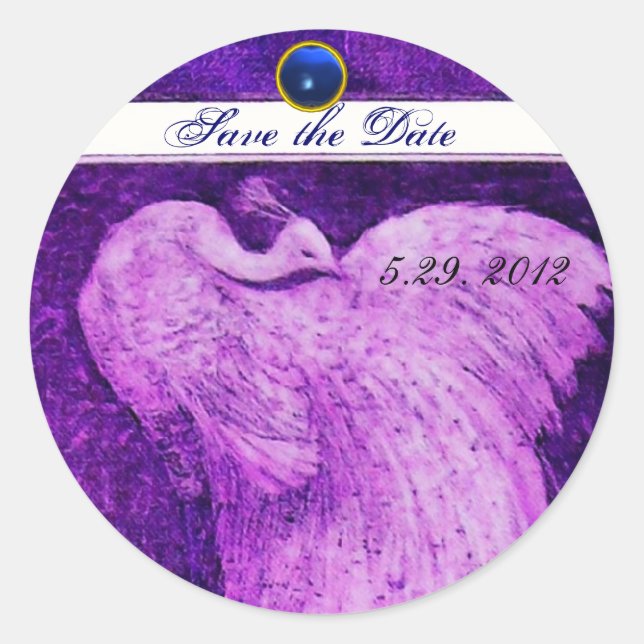 Pegatina Redonda BODA AMOR DE PEACOCK Save Date Púrpura Gema Azul (Anverso)