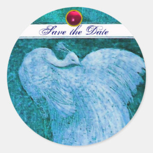 Pegatina Redonda BODA AMOR PAVO REAL blanco, azul rosa rojo rubí