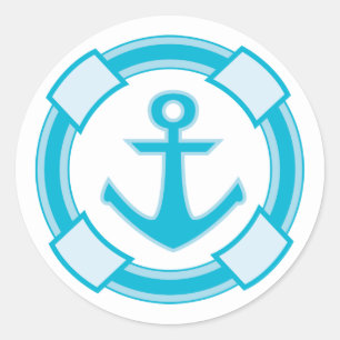 Pegatina Redonda Boda Ancla de Barco Turquesa Azul Náutico