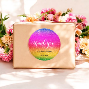 Pegatina Redonda Boda Arcoíris Purpura Amarillo Brillante  