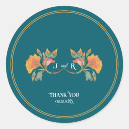 Pegatina Redonda Boda Art Nouveau verde azulado