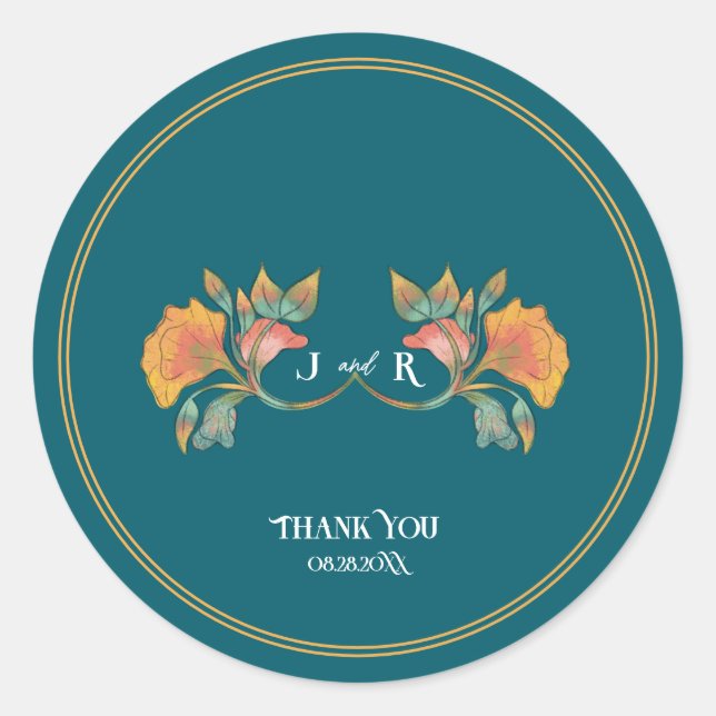 Pegatina Redonda Boda Art Nouveau verde azulado (Anverso)