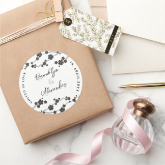 Pegatina Redonda Boda asiático moderno florece cerezo Sakura negro