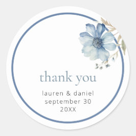 Pegatina Redonda Boda Azul Flora Silvestre Gracias