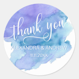 Pegatina Redonda Boda azul morado acuarela GRACIAS