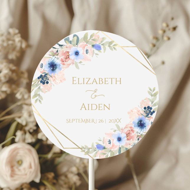 Pegatina Redonda Boda azul Peach personalizado (Personalized Peach Blue Wedding Classic Round Sticker with your name and date)