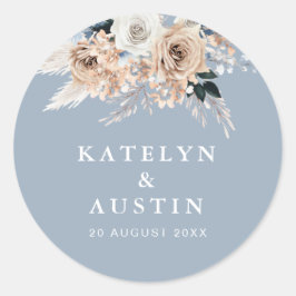 Pegatina Redonda boda azul polvoriento de boho pampas