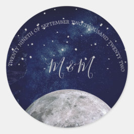 Pegatina Redonda Boda azul por la noche Sky Moon Silver Stars