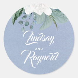 Pegatina Redonda Boda azul turbio de flores blancas