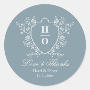 Pegatina Redonda Boda Azul Vintage Crest Amor y Gracias