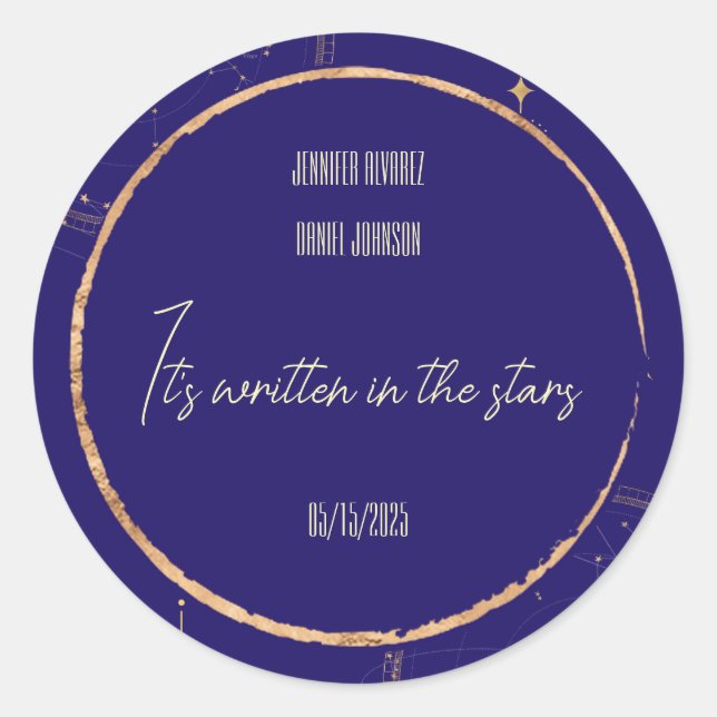 Pegatina Redonda Boda azul y oro de la Marina Celestial Nocturna Sk (Anverso)