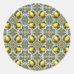 Pegatina Redonda Boda Azulejo Amarillo Azul Capri Limón Mediterráne