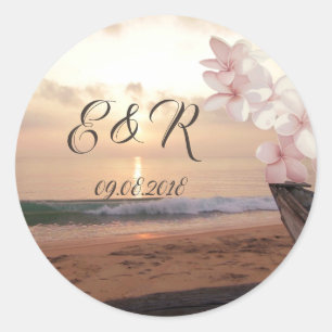 Pegatina Redonda Boda Beach Sunset Plumeria