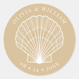 Pegatina Redonda Boda beige costero de Seashell Beach