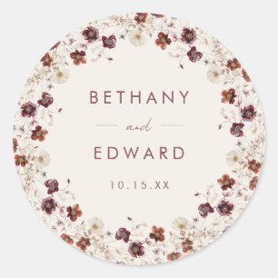 Pegatina Redonda Boda Beige de Fall Wildflower Field