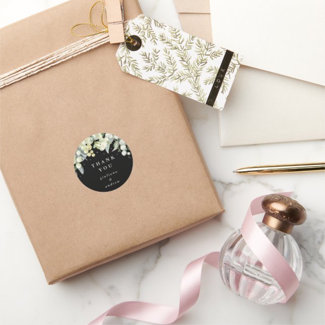 Pegatina Redonda Boda Black Snowberry+Eucalyptus Gracias (Regalar)