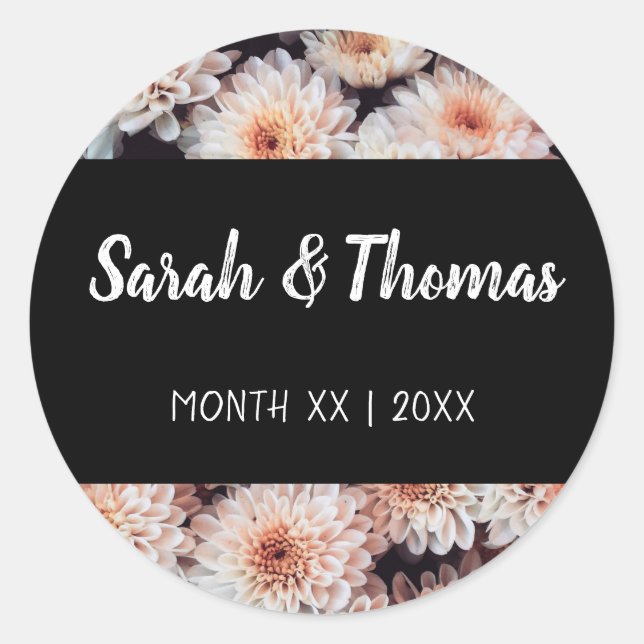 PEGATINA REDONDA BODA BLANCA DE DAHLIA FLORAL ELEGANTE (Anverso)