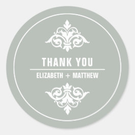 Pegatina Redonda Boda blanco gris ornamental vintage Gracias