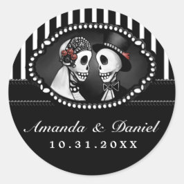 Pegatina Redonda Boda blanco negro esqueletos tira nombres redondea