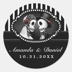 Pegatina Redonda Boda blanco negro esqueletos tira nombres redondea
