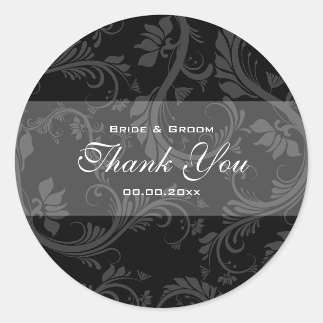 Pegatina Redonda Boda blanco negro "gracias" (Anverso)