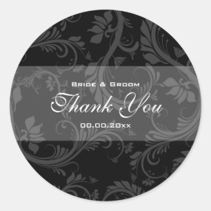Pegatina Redonda Boda blanco negro "gracias"