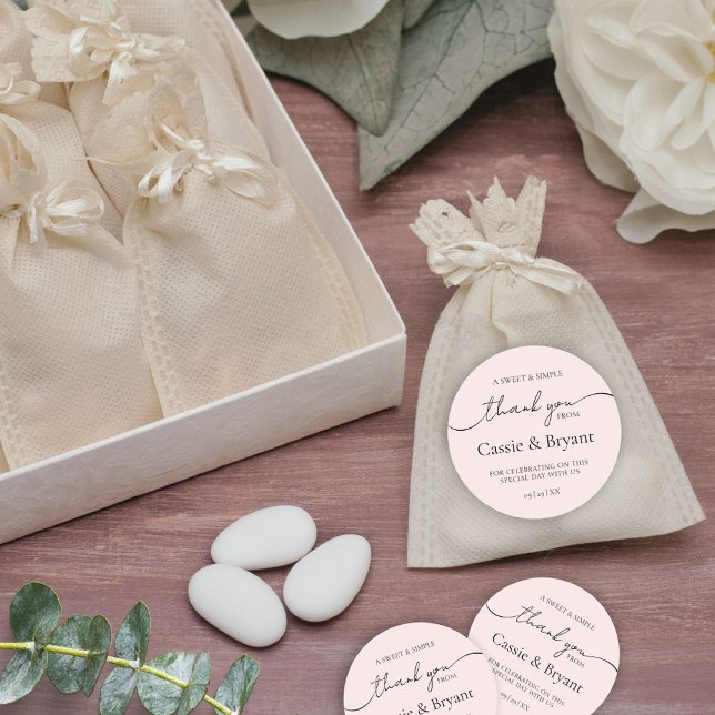 Pegatina Redonda Boda blanco y negro moderno marginal gracias (blush pink wedding thank you stickers for favor bags)