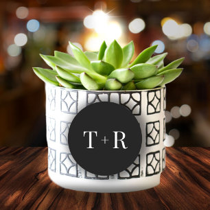 Pegatina Redonda Boda blanco y negro monogramado simple